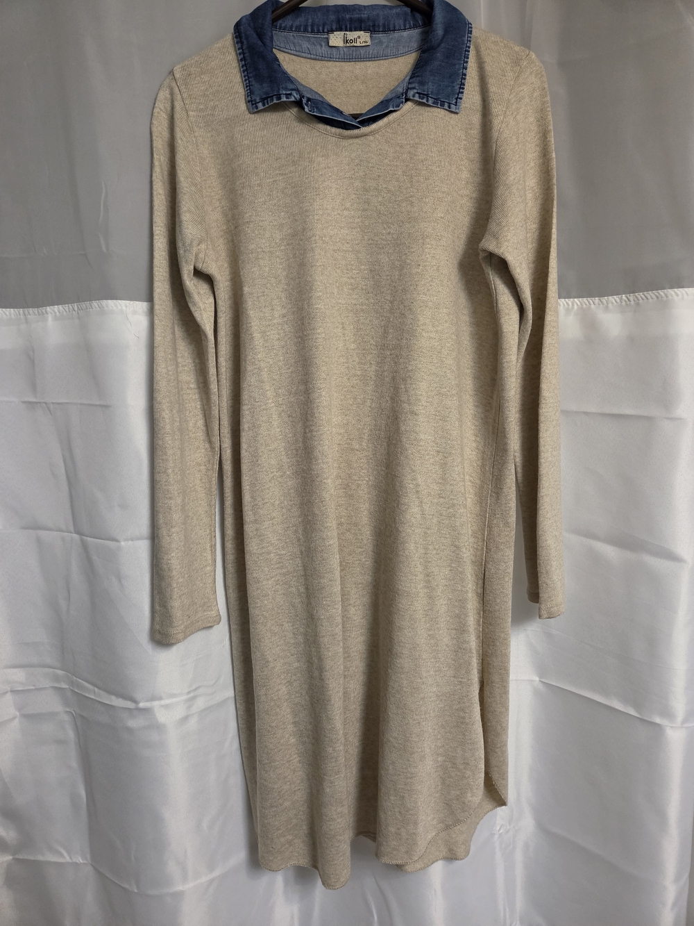 Layered Look Long Sleeve Sweater Dress with Denim Collar - Beige